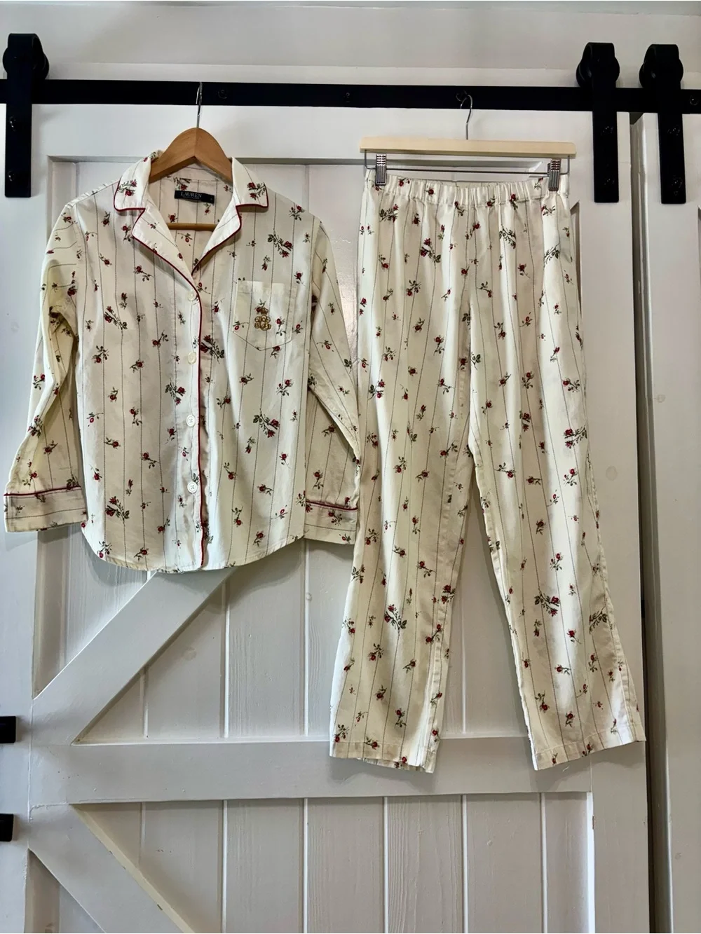 Lauren Ralph Lauren Cream Rose Floral Pajama Set Cotton Romantic Cottagecore S